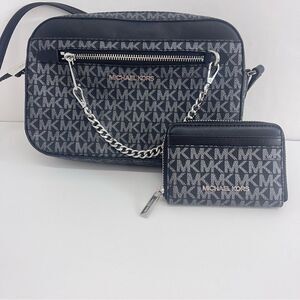 Michael Kors  Crossbody With Matching Wallet Silver Black Metallic Logo
